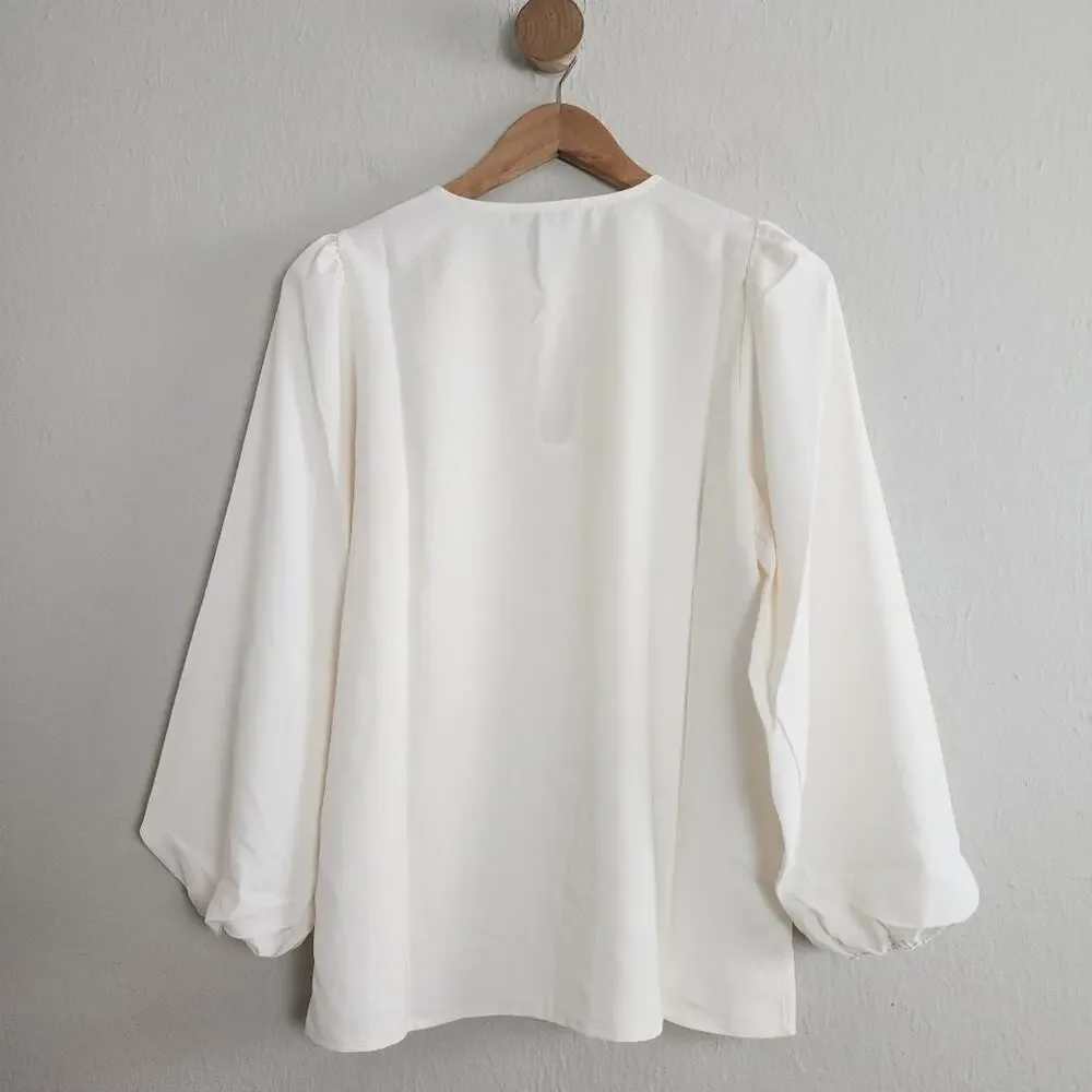 J. Crew Puff Sleeve Satin Back Crepe Top Ivory Keyhole Blouse NWT XS Tall